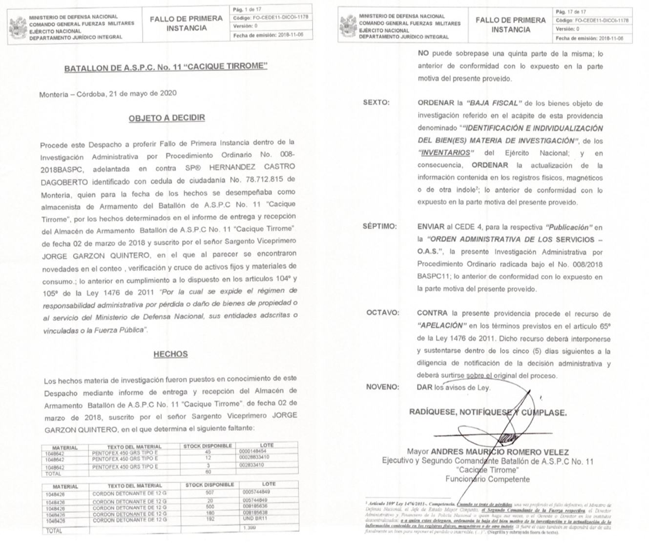 Fallo de Primera Instancia 008-2018