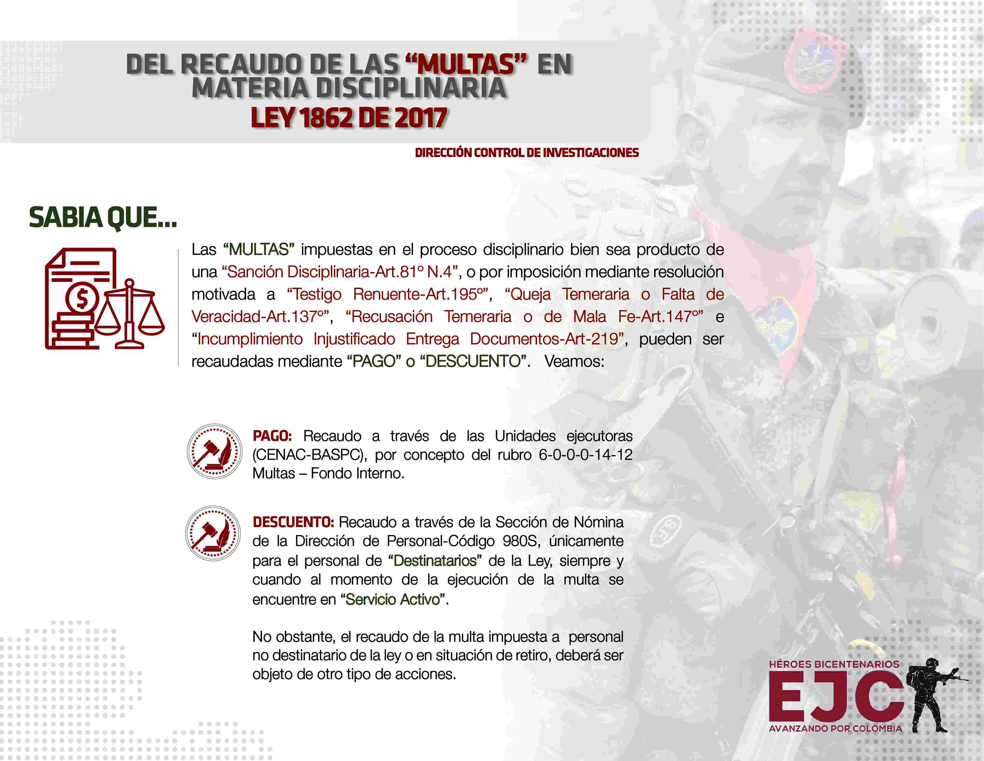 17. Del recaudo de las multas en materia disciplinaria ley 1862/2017