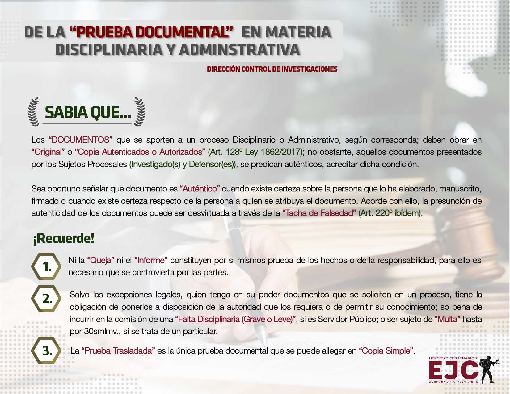 32. De la prueba documental en materia disciplinaria y administrativa