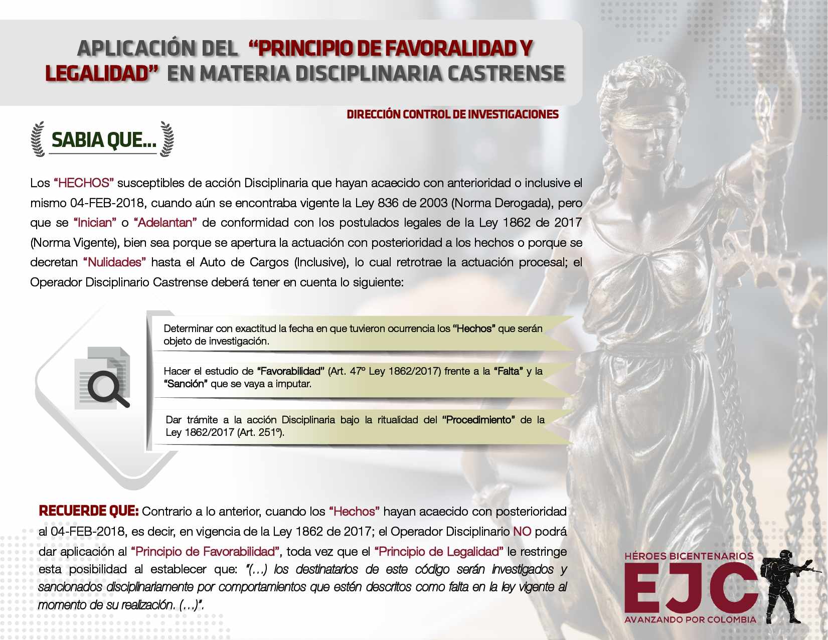 34. Aplicación del principio de favorabilidad y legalidad en materia disciplinaria castrense