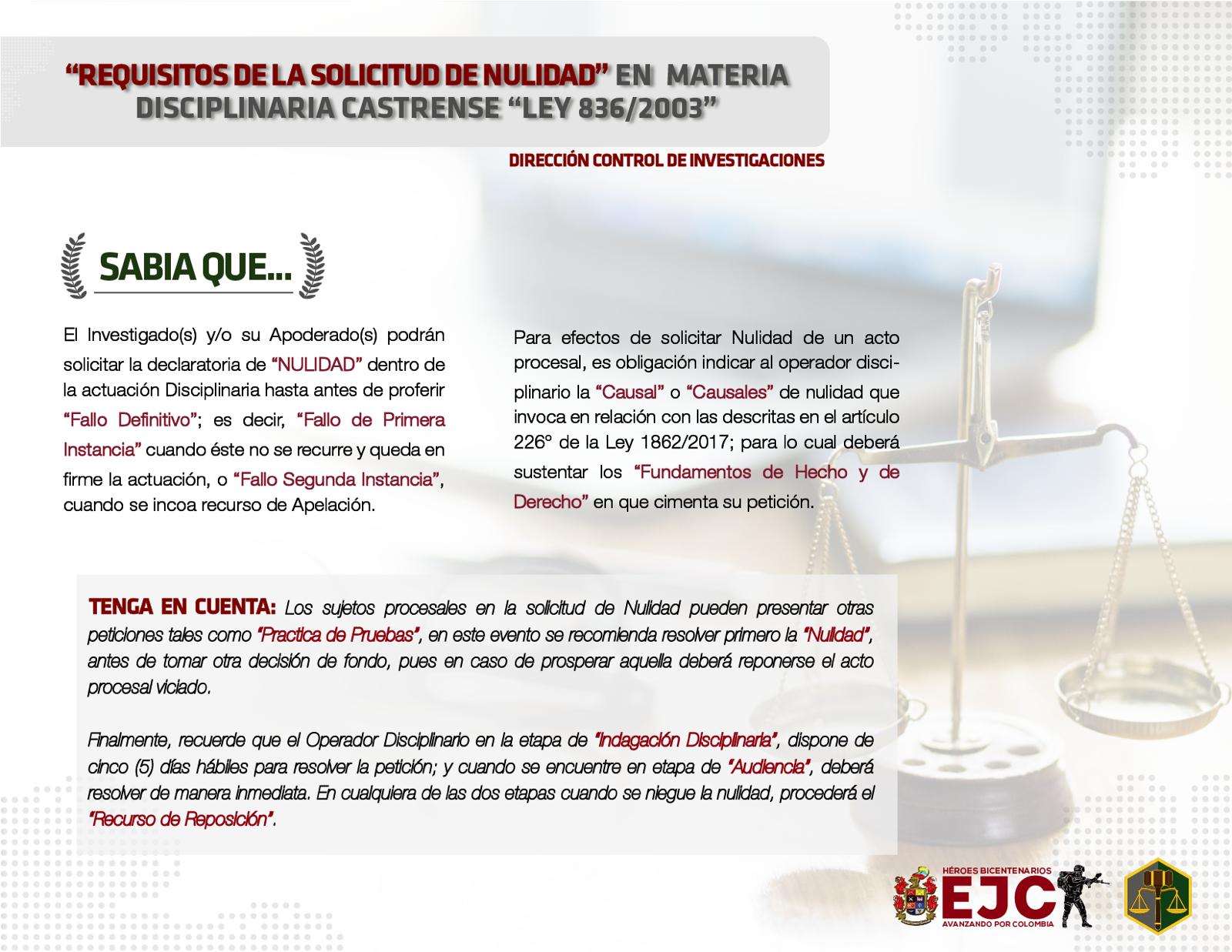 40. Requisitos de la solicitud de nulidad en materia disciplinaria castrense. Ver también circular No 2025107004671523