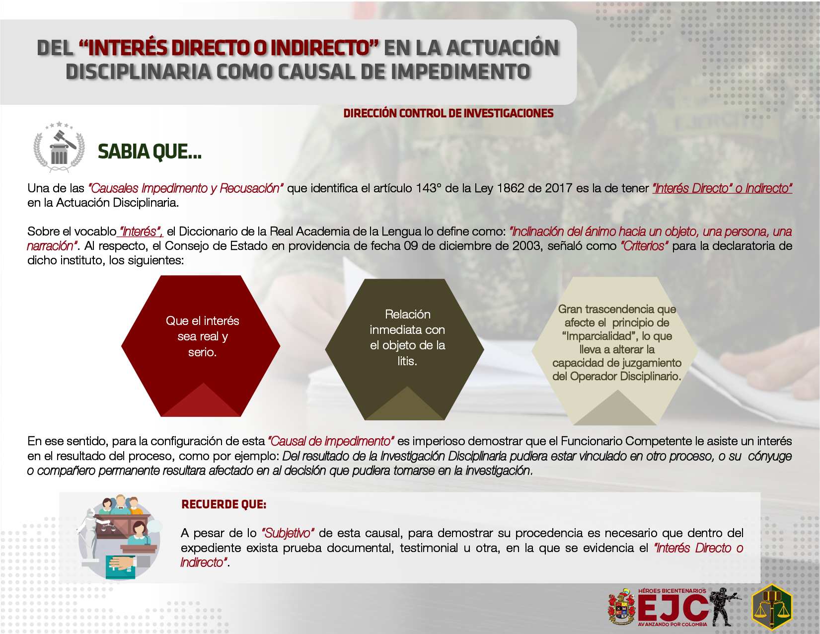 49. Del interés directo o indirecto en la actuación disciplinaria como causal de impedimento