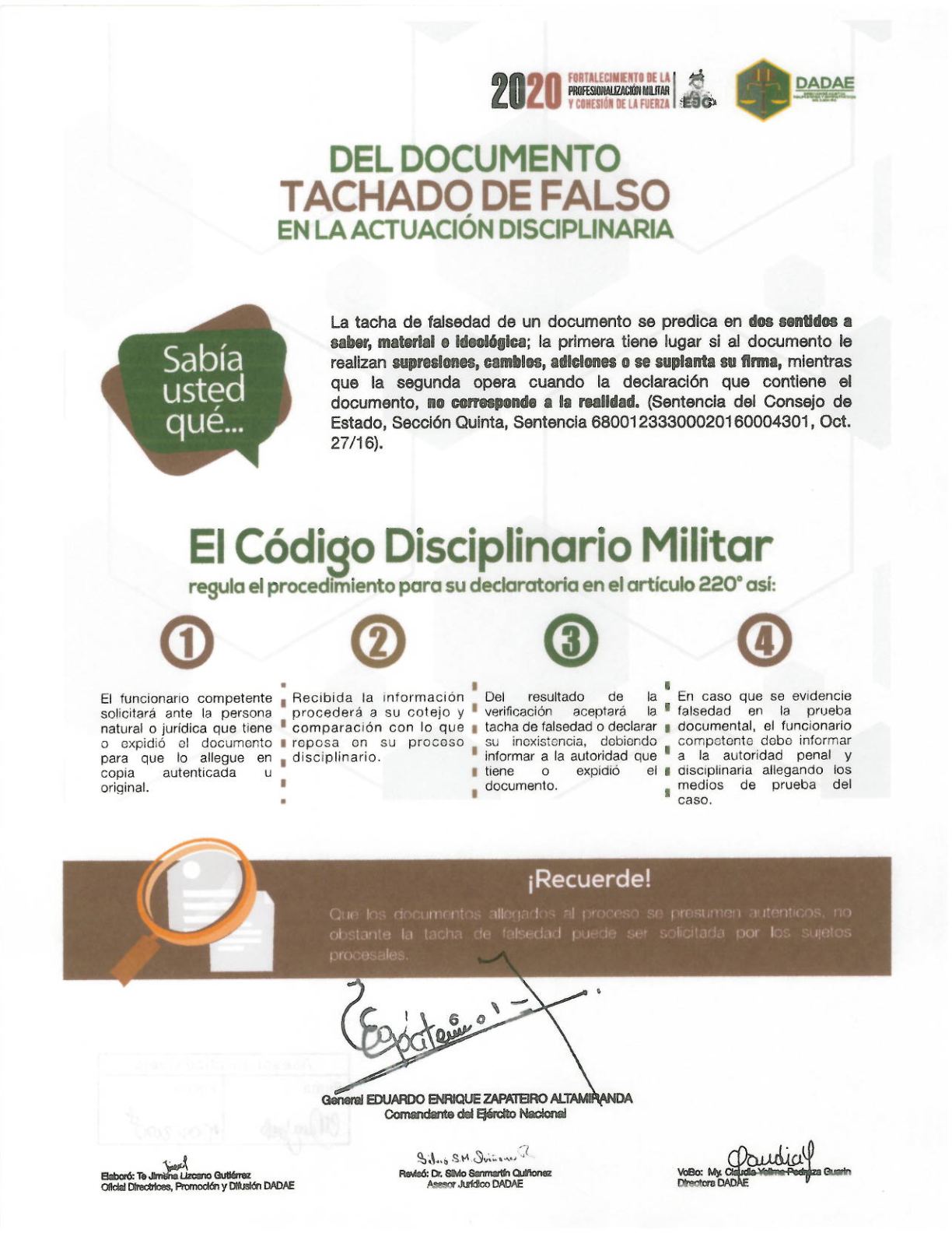 73. Del documento tachado de falso en la actuación disciplinaria