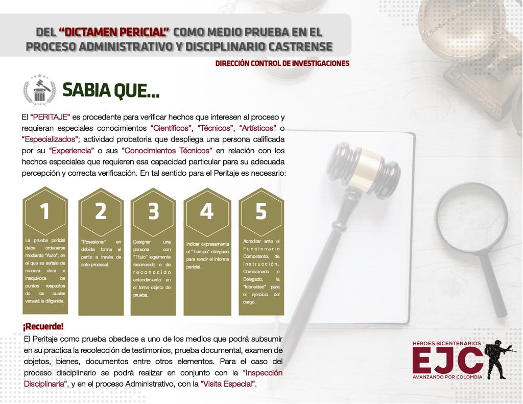 13. Del dictamen pericial como medio de prueba en el proceso administrativo y disciplinario castrense. Ver también circular Nos 20191079693903 y 2021107000127113