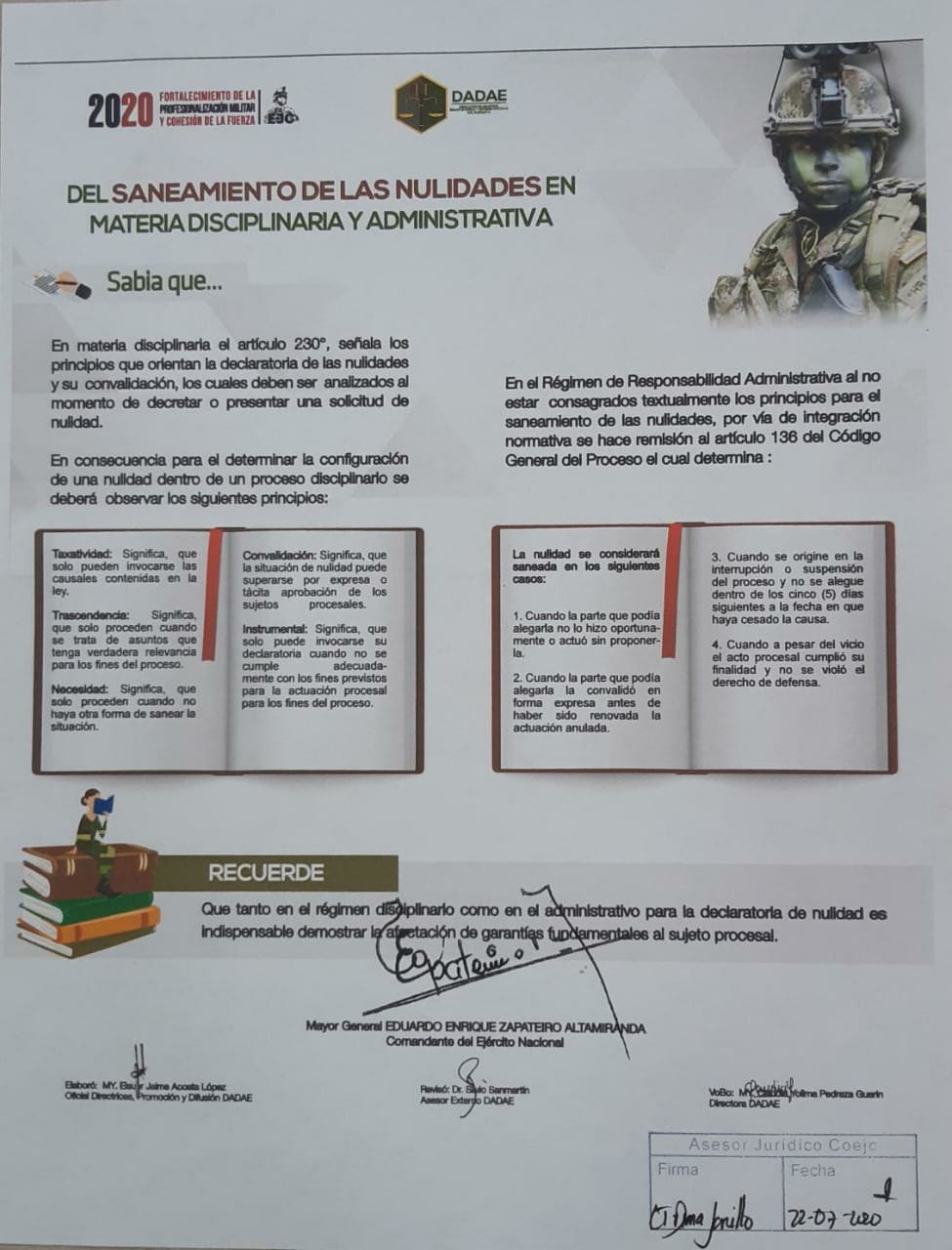41. Del saneamiento de las nulidades en el régimen disciplinario y administrativo castrense