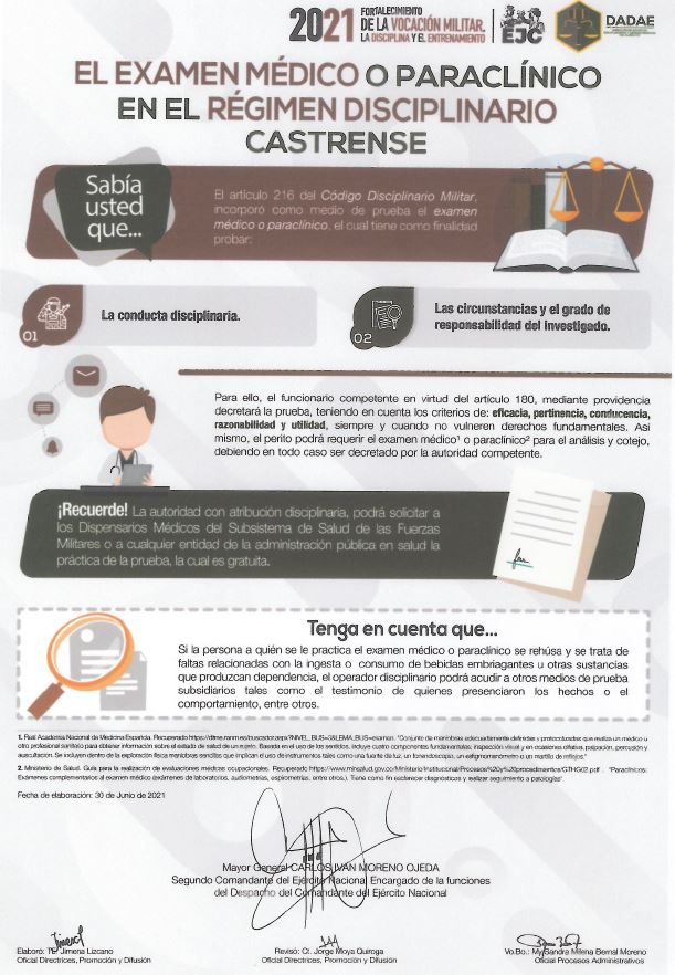 84. El examen médico o paraclínico en el régimen disciplinario castrense