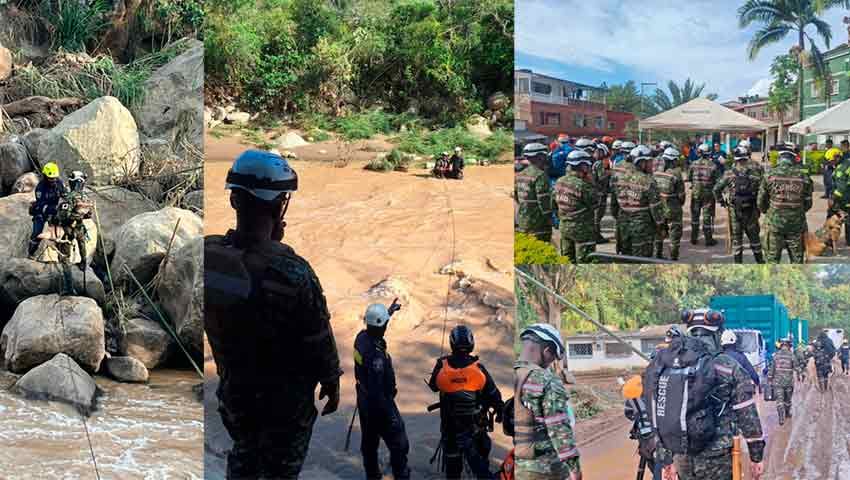 Soldados rescatistas intensifican labores de búsqueda en Silvania, Cundinamarca, tras creciente súbita