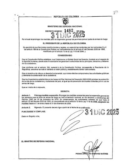Ejército Nacional reafirma la prórroga de la prohibición de porte de armas de fuego para el año 2026