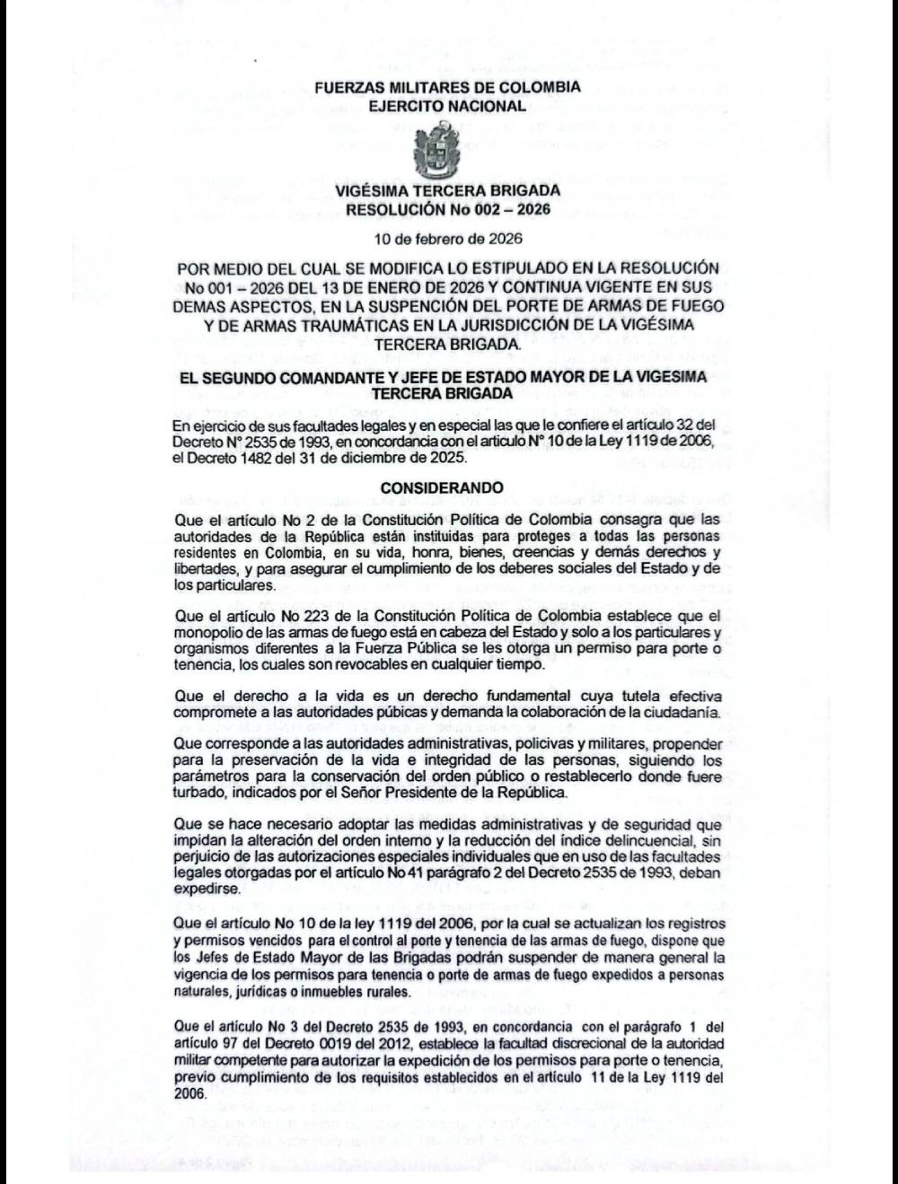 La Vigésima Tercera Brigada prorroga suspensión de permisos para el porte de armas en Nariño