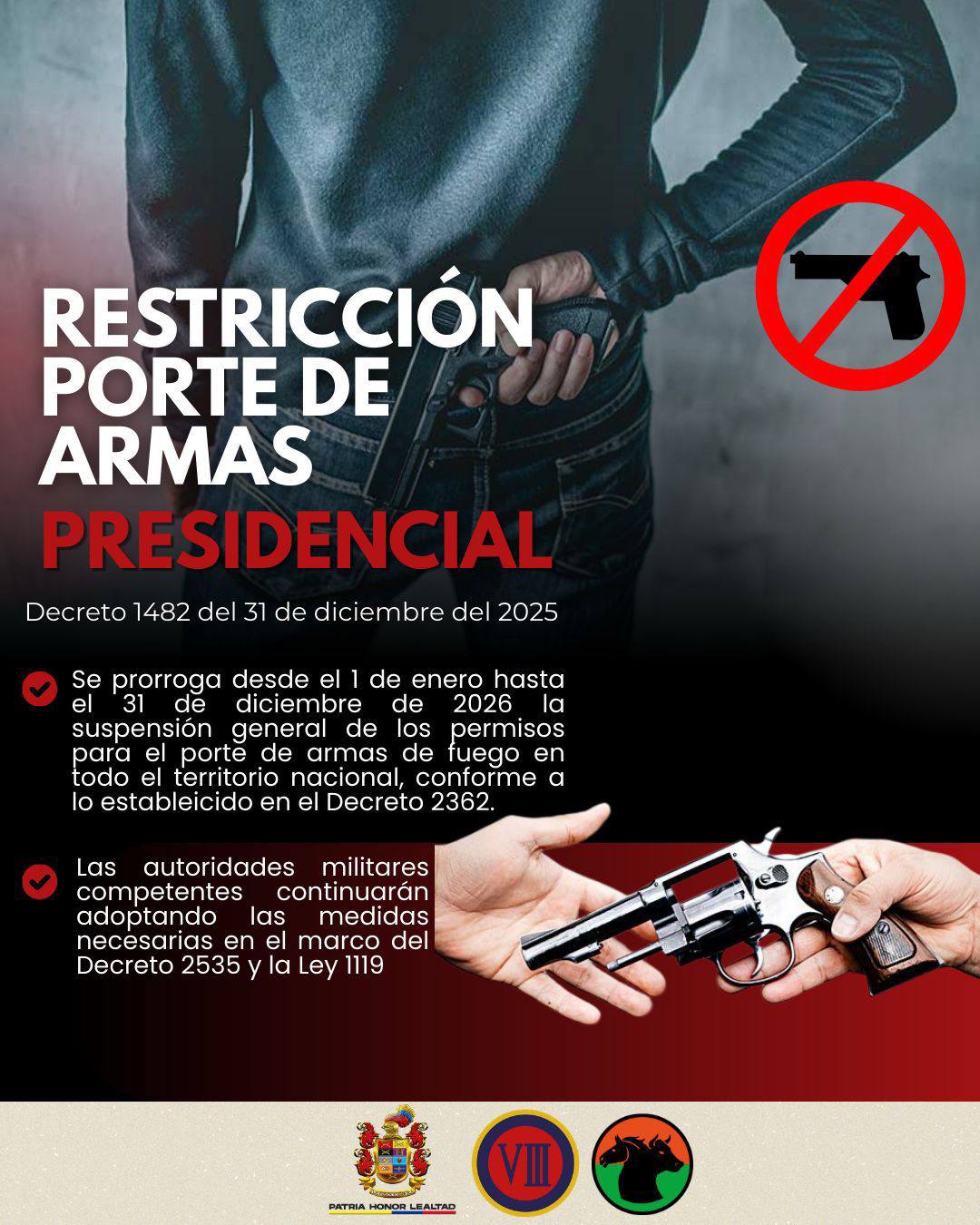Se prorroga la suspensión del porte de armas en todo el territorio nacional durante 2026