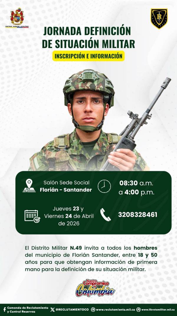 Ejército Nacional invita a jornada de definición de situación militar en Florián, Santander