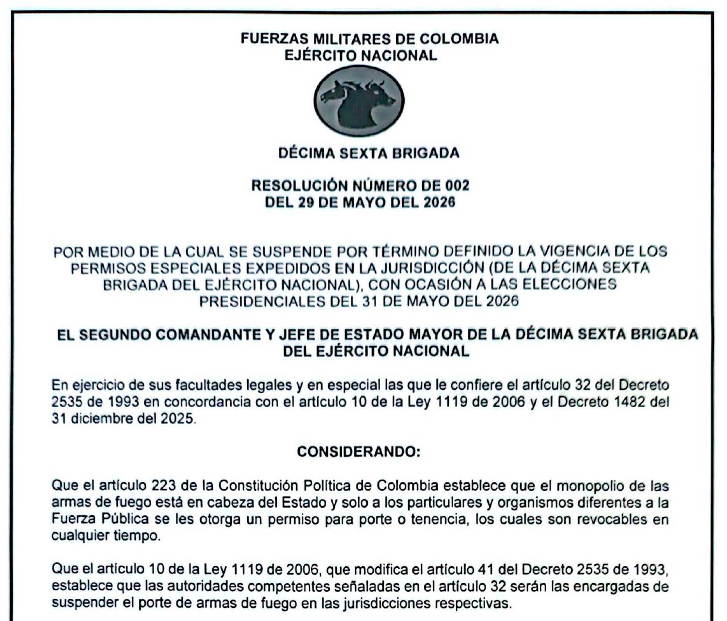 RESOLUCIÓN NÚMERO DE 002 DEL 29 DE MAYO DEL 2026